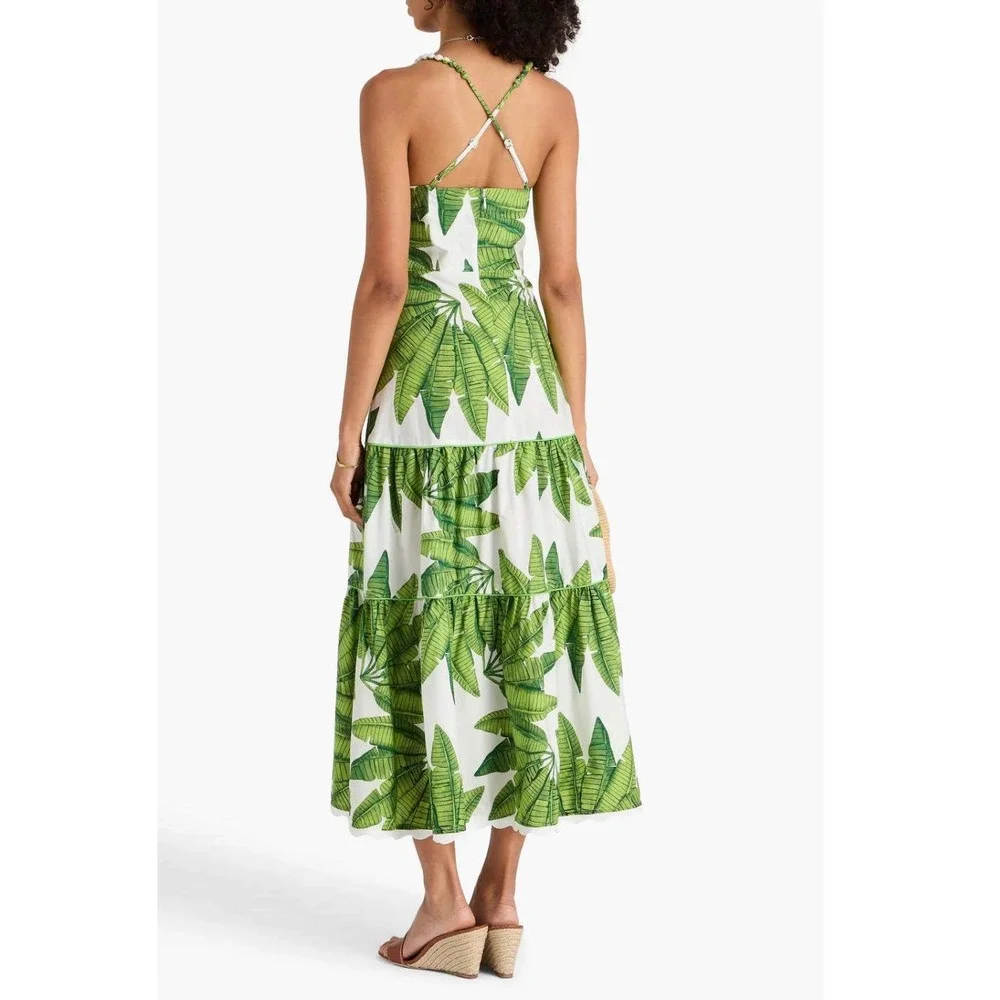 Farm Rio Green Banana Leaf Tiered Midi Dress XL Tropical Beaded Straps Scalloped - Picture 3 of 10